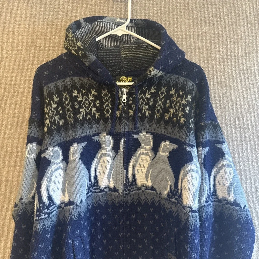 Tejidos Ruminahui VTG Full Zip Hooded Penguin Sweater Size Large Pockets